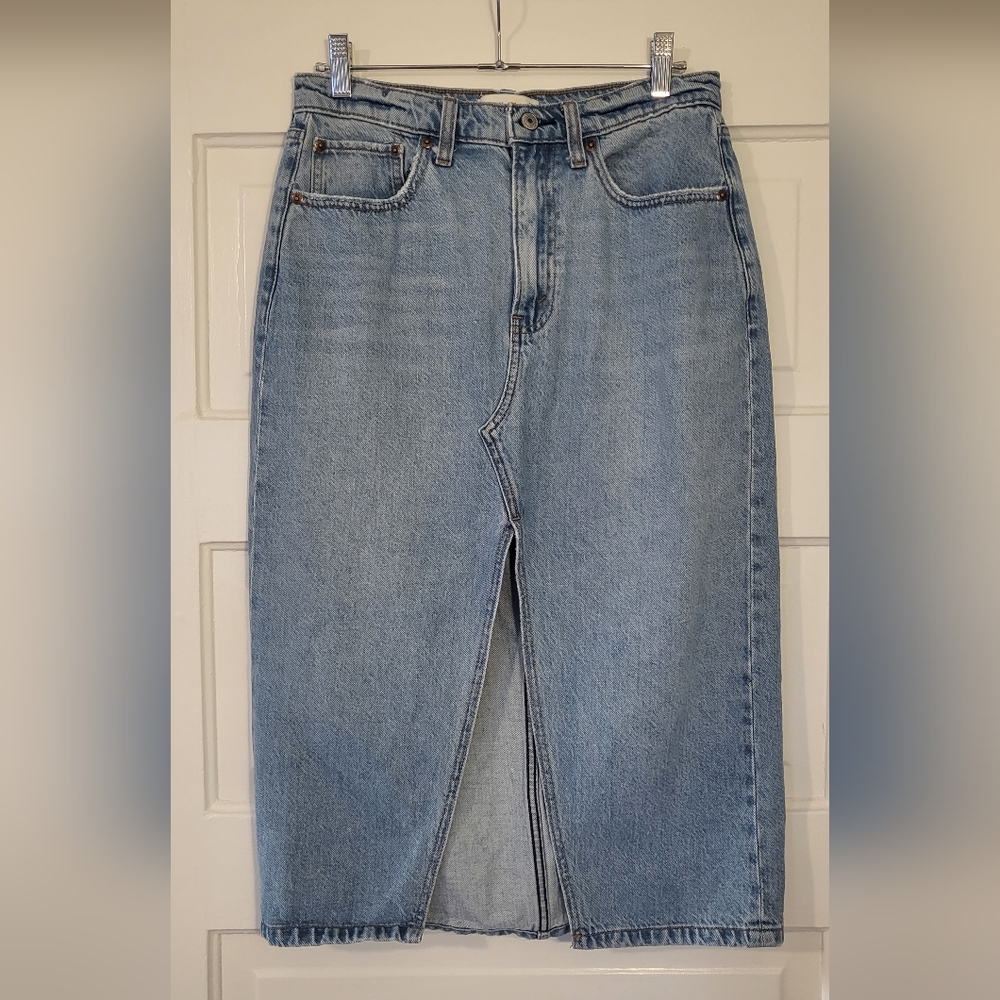 A+F High Rise Midi Jean Skirt with Front Slit